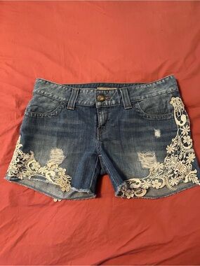 Guess Blue Denim Shorts with Cream Lace Appliqué